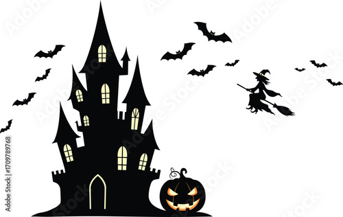 Halloween spooky haunted castle with glowing windows, flying witches on broomsticks, bats, and carved jack-o’-lantern pumpkin vector illustration.