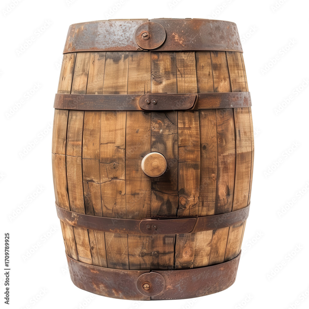 Obraz premium Rustic wooden barrel, vintage oak cask with metal bands, brown aged texture for brewery, wine and whiskey branding PNG isolated on Transparent Background