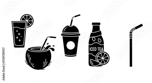 Illustration of five different types of drinks including iced tea and coconut water in black and white created with generated ai