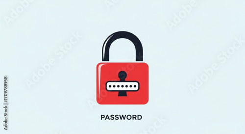 Red padlock with black shackle and a keyhole with dots and the word password below it in black created with generated ai