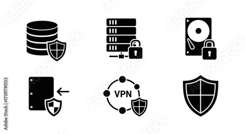 Illustration of data security icons featuring database server vpn and hard drive protection elements created with generated ai