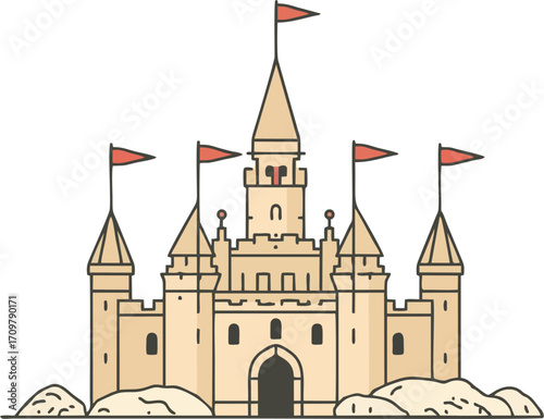 Minimalist Sand Castle Vector Illustration with Flags and Clear Outlines