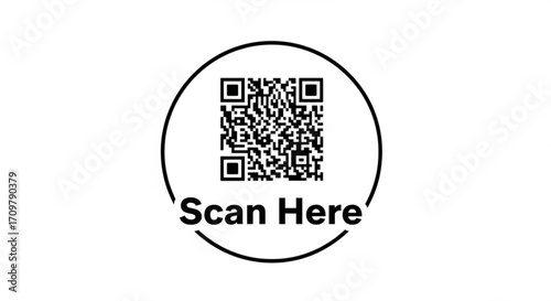 Qr code inside a circle with scan here text for simple mobile scanning and information access point created with generated ai