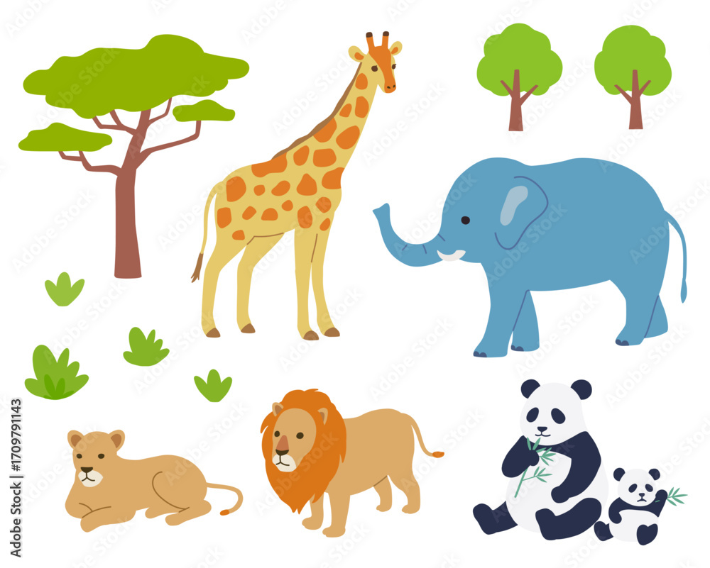 Naklejka premium 動物園のいろんな動物イラストのセット