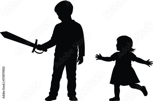 Children silhouette vector illustration showing boy with toy sword and girl interacting, pretend play, friendship, and childhood activity scene on white background