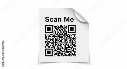 Scan me qr code on a white sheet of paper with a curled corner and shadow on a white background image created with generated ai