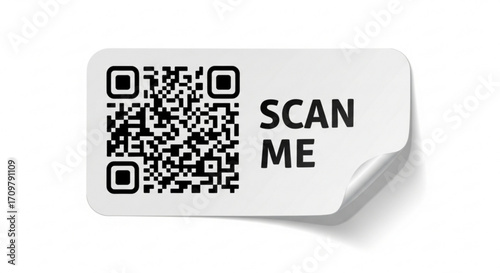 A white sticker with a qr code and the words scan me in black text with a curled corner design element created with generated ai
