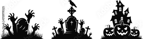 Halloween spooky graveyard with zombie hands rising, creepy tombstones, haunted house silhouette, sinister pumpkins, and eerie crow Halloween vector design.
