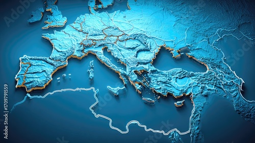 Detailed 3D map of ancient Europe, highlighting Mediterranean region
