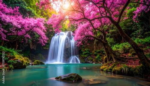 Majestic Waterfall with Lush Pink Cherry Blossoms in a Serene Forest Setting