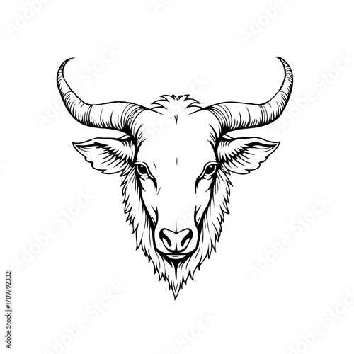 Detailed monochrome illustration showcasing a formidable bull's head with intricately designed