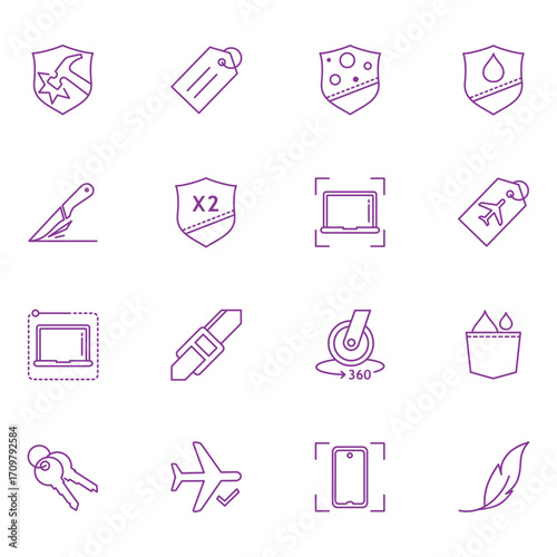 Travel & Luggage Icon vector Set. These icons cover carry-on, checked bag, and travel gear themes. Ideal for travel, tourism, airport, packing, and travel-planning designs.Line icons for luggage, bags