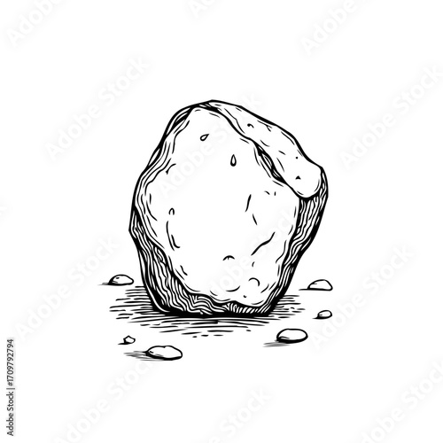 Detailed sketch of a solitary boulder with textural shading illustrates natural geological