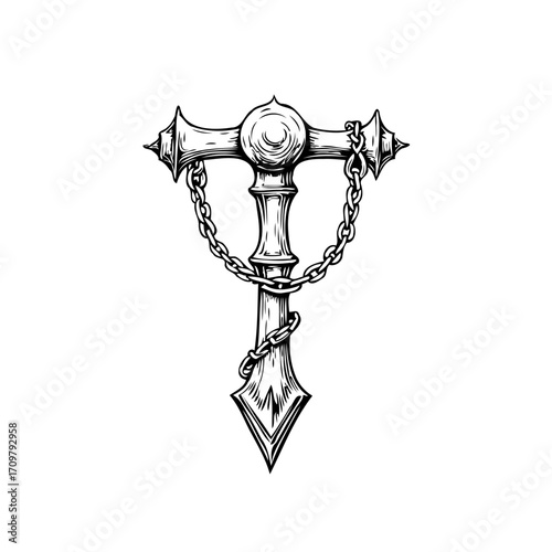 Detailed symbolic illustration of a cross intertwined within an ornate chain displaying rich