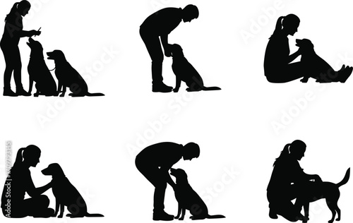 Human and dog silhouette vector set showing training, affection, companionship, pet care, obedience poses, friendship, and interaction on white background