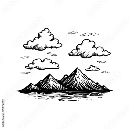 Dramatic monochrome mountain range illustration, showcasing striking peaks and captivating cloud
