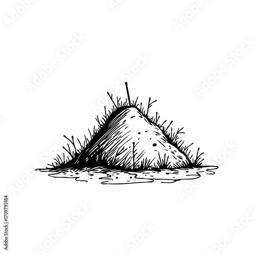 Drawn anthill illustration with tiny twigs and grass in a minimalist black and white composition
