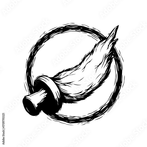 Dynamic monochrome representation igniting energy an abstract flare symbol enclosed within a