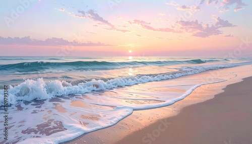 Fototapeta Naklejka Na Ścianę i Meble -  Serene Sunrise Over Calm Ocean Waters With Golden Reflection On Sandy Beach