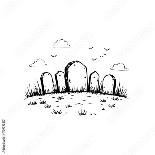 Eerie monochromatic graveyard sketch featuring weathered tombstones beneath a simple cloudy sky
