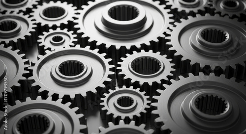 Abstract Gears in Silver Tones Engineering and Precision Metalwork Industrial Theme Close Up