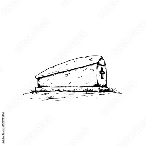 Eerie tombstone sketch showcasing death, afterlife, religion, and ancient beliefs within graveyard