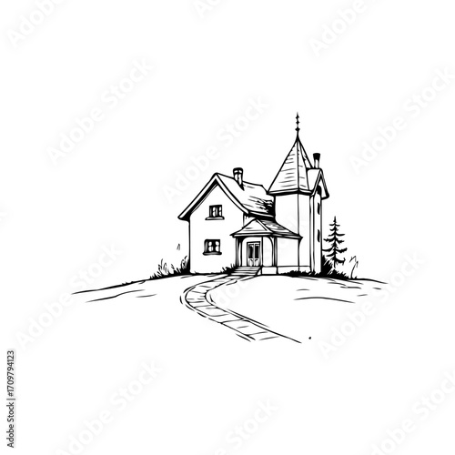 Elegant architectural drawing showcasing an old charming house with tower, situated on a gentle