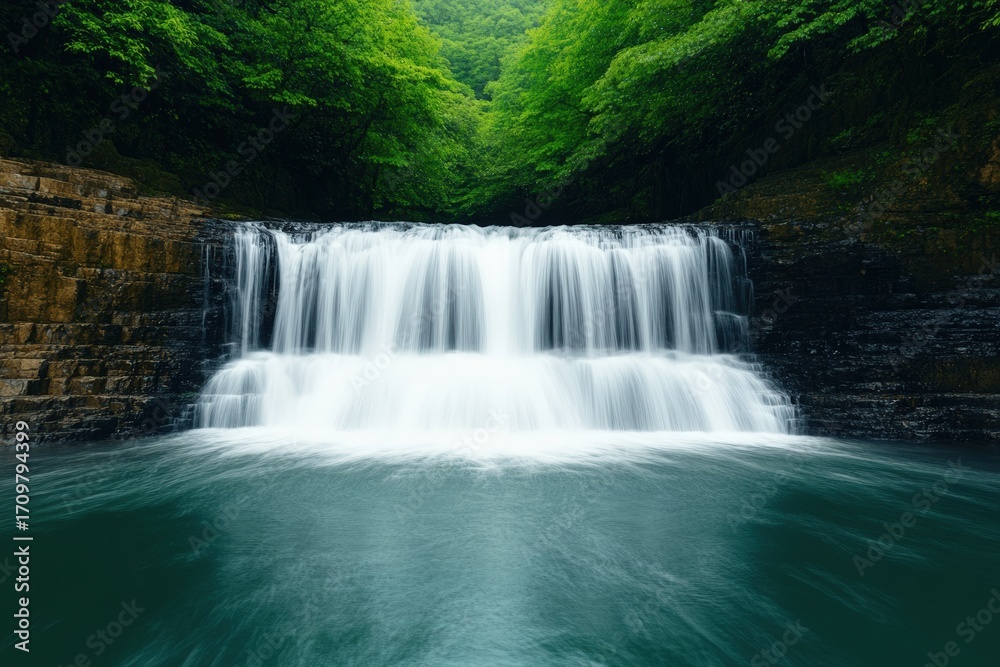 Fototapeta premium Pristine waterfall flowing over rocks into clear turquoise water, surrounded by lush green forest, creating a serene and tranquil natural landscape