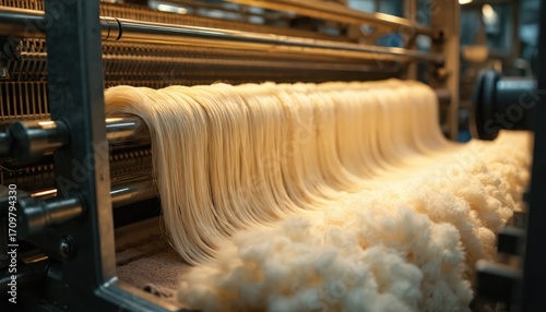 Modern textile machinery processes raw wool into refined fabric. Automated production line spins fibers into threads for weaving. Industrial factory setting with engineering equipment.