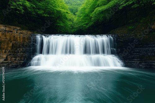 Pristine waterfall flowing over rocks into clear turquoise water, surrounded by lush green forest, creating a serene and tranquil natural landscape