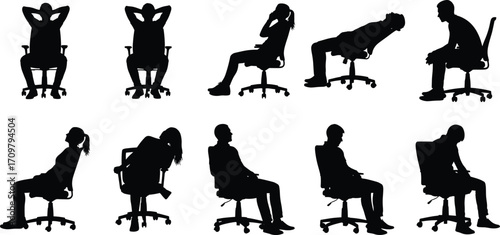 Silhouettes of office workers sitting in various chair postures showing body language, workplace ergonomics, fatigue, relaxation, and professional seated positions