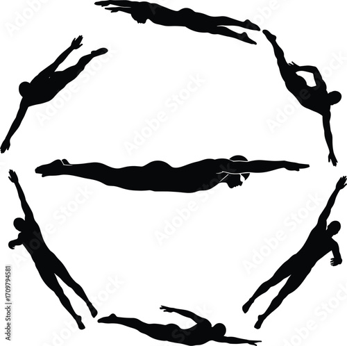 Swimmer silhouette vector set showing freestyle stroke stages, swimming technique, body movement, sports training, and aquatic motion on white background