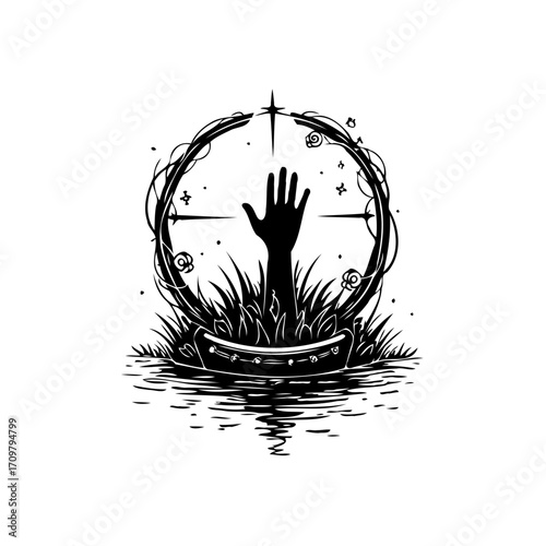 Emerging despair from murky waters symbolic artwork representing struggles of mental wellness and