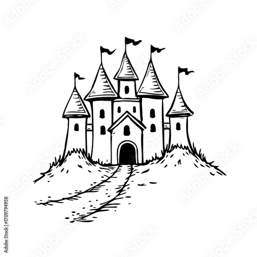 Enchanting fortress illustration with soaring towers majestic flags a captivating fairy tale