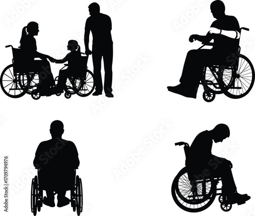 Wheelchair user silhouette vector set showing daily life, interaction, support, independence, and mobility assistance scenes on white background for accessibility awareness
