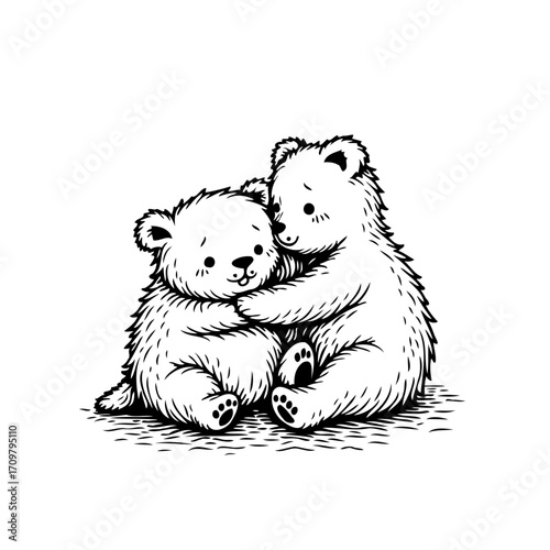 Enchanting monochrome illustration portraying two adorable bear cubs embraced with tenderness and