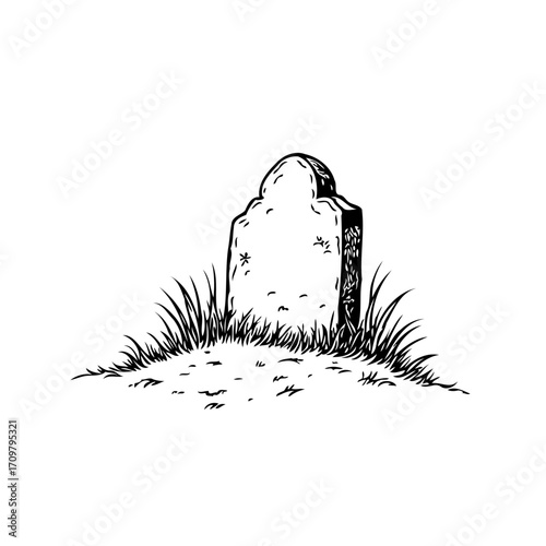 Engraved memorial stone nestled peacefully amidst sprawling grassland at twilight's melancholy