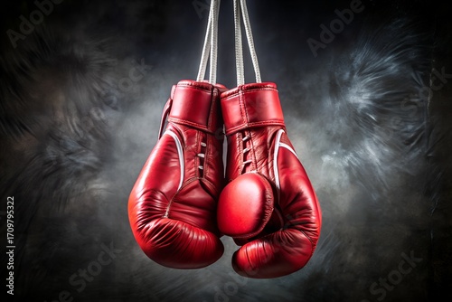 Pair of red boxing gloves hanging from ropes against a dark, smoky background, symbolizing strength, determination, and the spirit of combat and competition