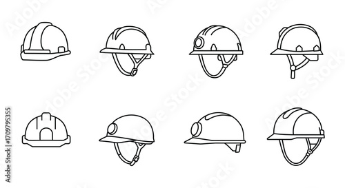 Line art illustration depicting various styles of industrial safety helmets