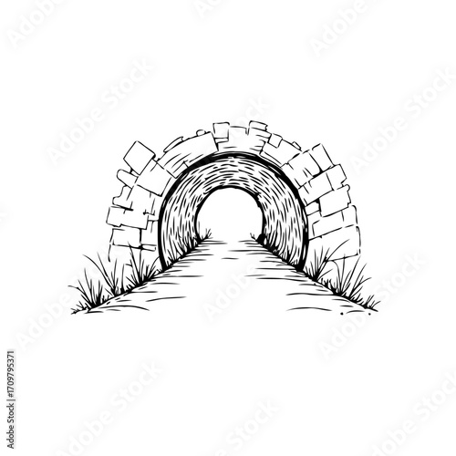 Engraved stone archway leading towards illuminated tunnel exit a conceptual passage illustration