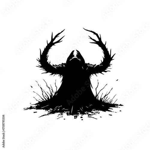 Enigmatic cloaked figure emerges from tangled branches a surreal black and white illustration
