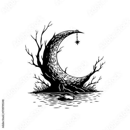 Enigmatic crescent moon resembling a gnarled tree evokes a whimsical nighttime ambiance and