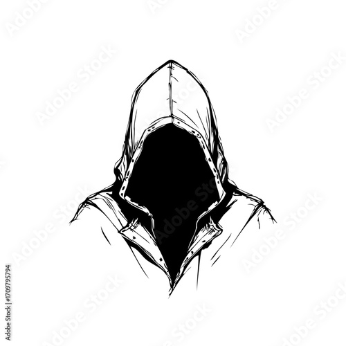 Enigmatic hooded figure shrouded in mystery illustration for digital storytelling and gaming