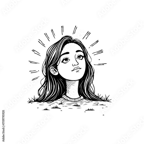 Enigmatic monochrome illustration of a thoughtful young woman emerging from verdant growth with