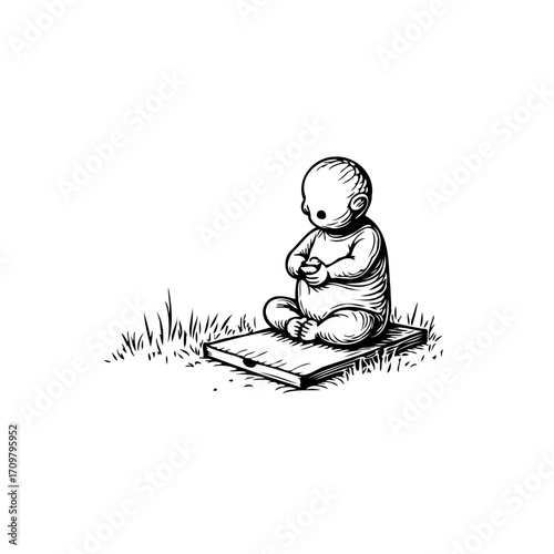 Enigmatic monochrome drawing portraying a contemplative doll figure seated upon a textured block