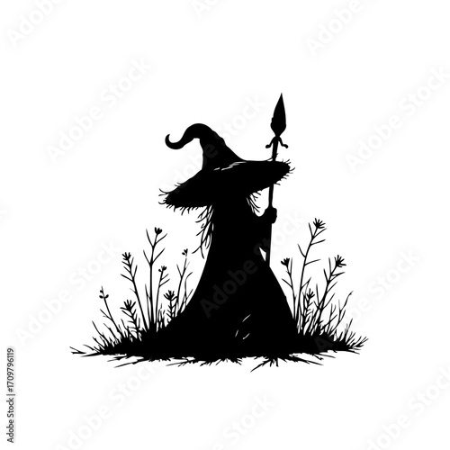 Enigmatic silhouette of a solitary witch standing among sparse foliage holding a distinctive spear