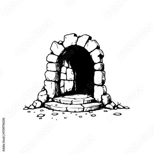 Enigmatic stone archway entrance with steps creates a portal into an unknown dark realm landscape