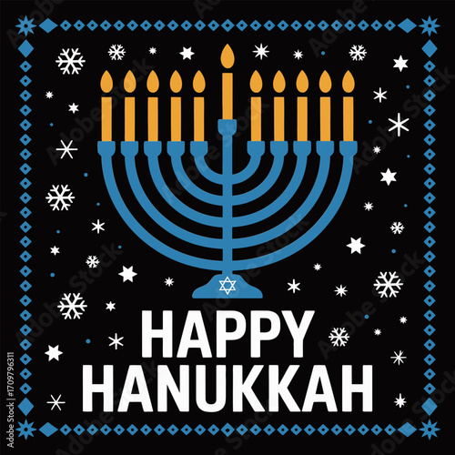 Happy Hanukkah typography, blue menorah on dark night, snowflakes and stars border, elegant celebration poster, festive vector design