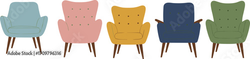 Collection of Stylish Mid-Century Modern Armchairs in Various Colors – Interior Design, Furniture Decor, Home Seating Isolated on White