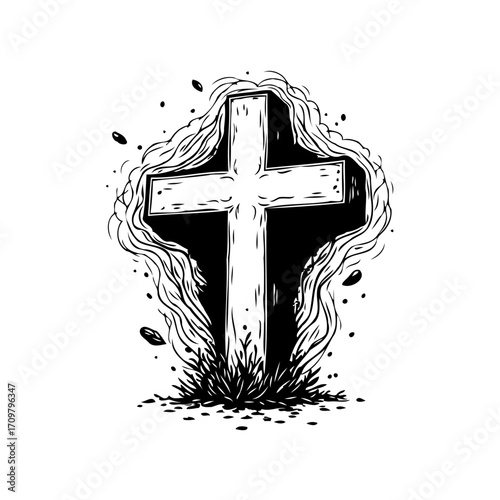 Etched cross monument with rising tendrils stands resilient, symbol of unwavering faith, spiritual